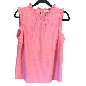 LOFT Coral Pink Sleeveless Blouse | Feminine Shoulder & Collar Ruffles | Medium